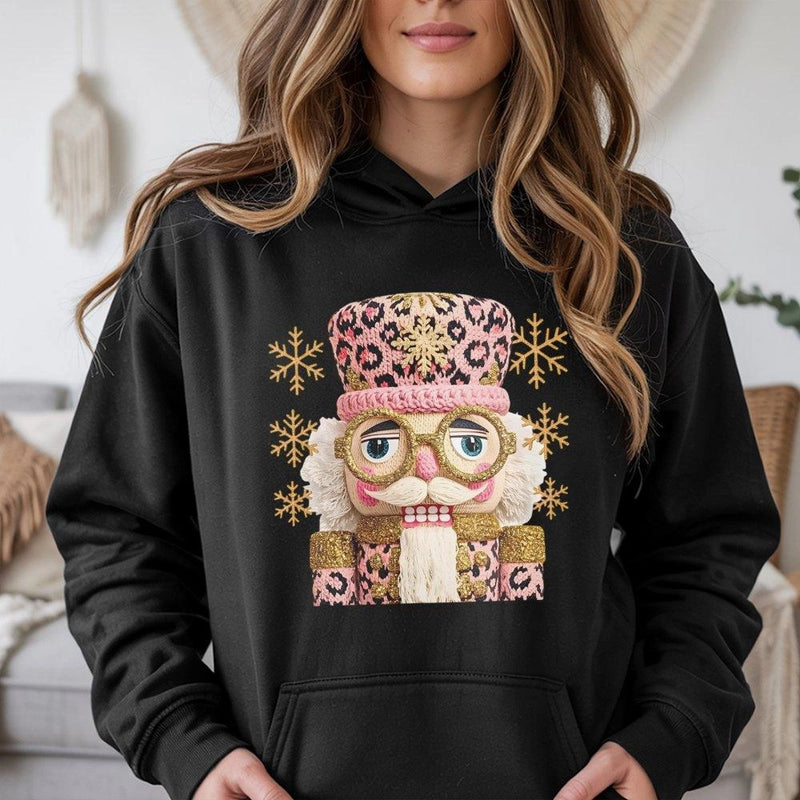 Adorable Holiday Graphic Hoodie, Pink Leopard Nutcracker Christmas Hoodie, Preppy Winter Ballet Hooded Sweatshirt, Comfy Xmas Present for Her