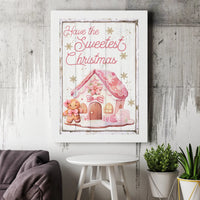 Pastel Christmas Wall Art, Pink Gingerbread House Canvas Print, Sweet Holiday Canvas Decor, Whimsical Xmas Wall Hanging