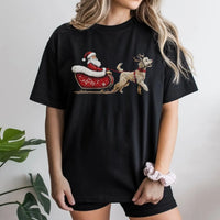 Santa Claus Sleigh Doodle Dog Graphic Tee, Goldendoodle Christmas T-Shirt, Humorous Dog Lover Xmas Shirt, Adorable Winter Pet Holiday Top