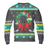 Gamer Wreath Pixel Print Pullover, 8-Bit Retro Gaming Christmas Sweatshirt, Nostalgic Ugly Xmas Party Sweater, Video Game Holiday Top