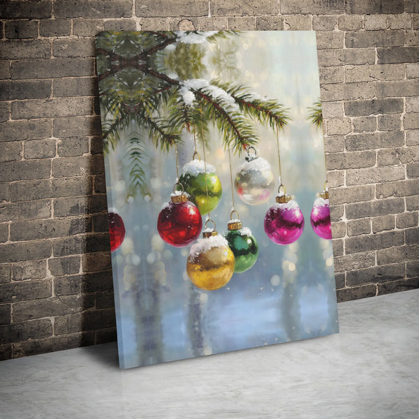Snowy Pine Branch Holiday Painting, Christmas Ornaments Canvas Wall Art, Festive Winter Wall Print, Christmas Digital Downloa