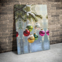 Snowy Pine Branch Holiday Painting, Christmas Ornaments Canvas Wall Art, Festive Winter Wall Print, Christmas Digital Download