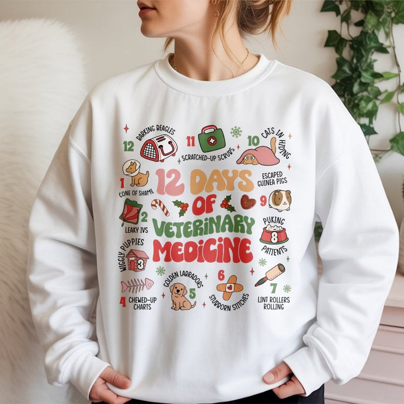 Vet Tech Christmas Sweatshirt, 12 Days of Veterinary Medicine Sweatshirt, Humorous Vet Holiday Crewneck, Veterinary Staff Xmas Sweatshirt Present