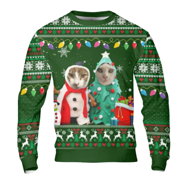 Snowman Tree Costume Kitten Pullover, Cat Ugly Christmas Sweatshirt, Humorous Feline Holiday Crewneck, Adorable Xmas Animal L