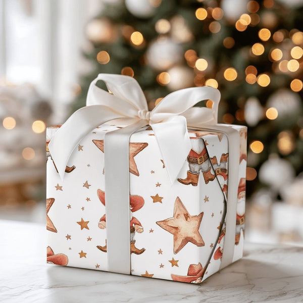 Western Watercolor Santa Gift Wrap, Cowboy Santa Christmas Wrapping Paper, Rustic Country Holiday Wrapping Paper, Western Xma