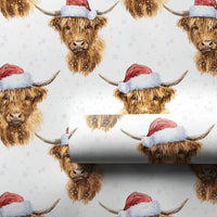 Santa Hat Cow Gift Wrap, Christmas Highland Cow Wrapping Paper, Watercolor Snowflake Wrapping Paper, Rustic Farmhouse Holiday Gift Wrap Roll