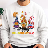 Halloween Thanksgiving Christmas Sweater, Hallothanksmas Gnome Sweatshirt, Adorable Trio Holiday Gnome Crewneck, Comfy Fall Winter Pullover