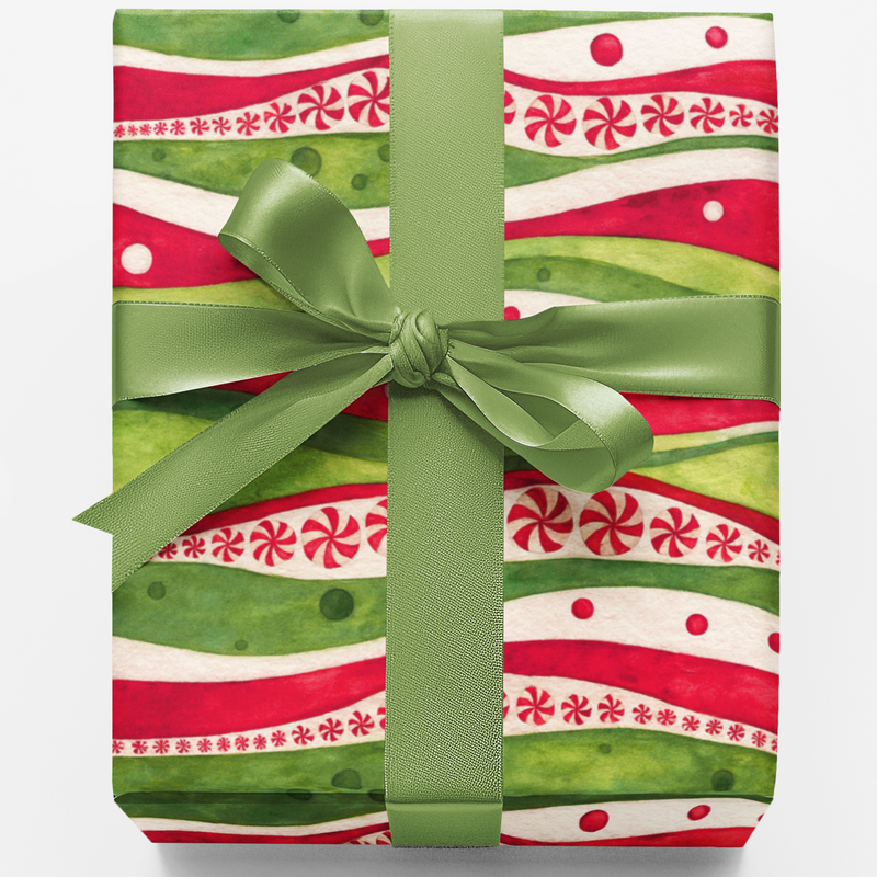 Wavy Peppermint Holiday Gift Wrap, Peppermint Candy Christmas Wrapping Paper, Red Green Peppermint Paper Roll, Festive Xmas Gift Wrap