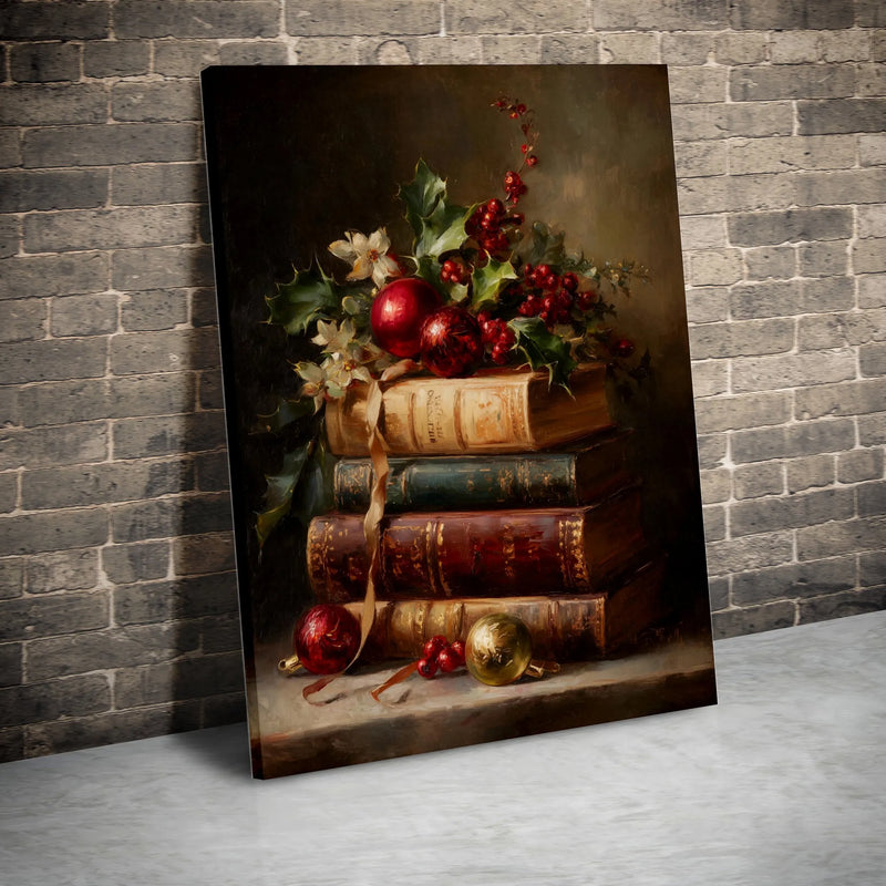Antique Books and Holiday Ornaments Print, Christmas Still Life Canvas, Festive Christmas Canvas Art, Christmas Farmhouse Wall Decor Present