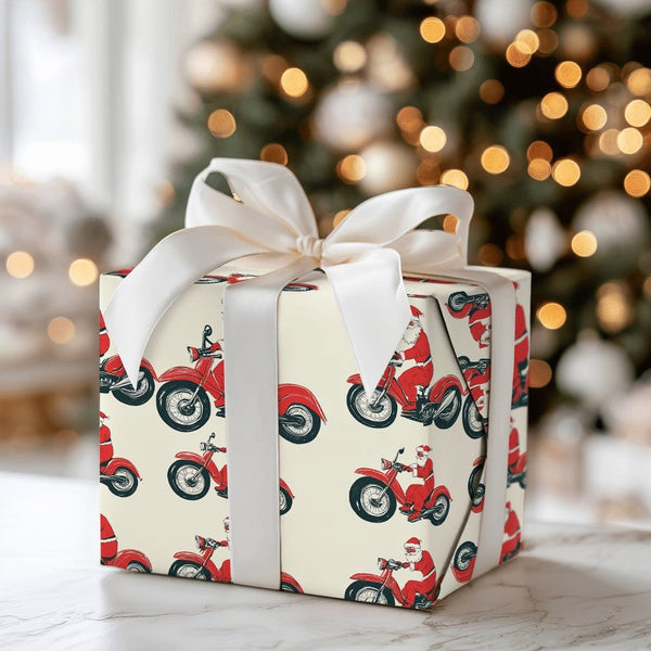 Red Motorcycle Gift Wrap, Chopper Santa Christmas Wrapping Paper, Biker Santa Holiday Wrapping Paper, Novelty Christmas Gift 