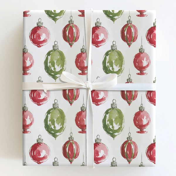 Red and Green Baubles Gift Wrap, Watercolor Christmas Ornament Wrapping Paper, Holiday Ornament Wrapping Paper, Festive Prese
