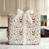 Red Birds Winter Holiday Gift Wrap, Watercolor Santa Claus Wrapping Paper, Holly Branch Christmas Wrapping Paper, Festive Present Wrap Roll
