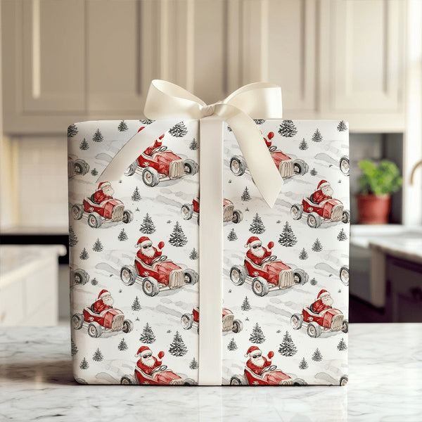 Sunglasses Santa Christmas Gift Wrap, Santa Driving Red Race Car Wrapping Paper, Vintage Car Holiday Present Paper, Xmas Gift
