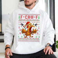 F-Caw-F Poultry Holiday Hoodie, Humorous Chicken Ugly Christmas Hoodie, Retro Chicken Xmas Hoodie, Hilarious Farm Animal Holiday Pullover
