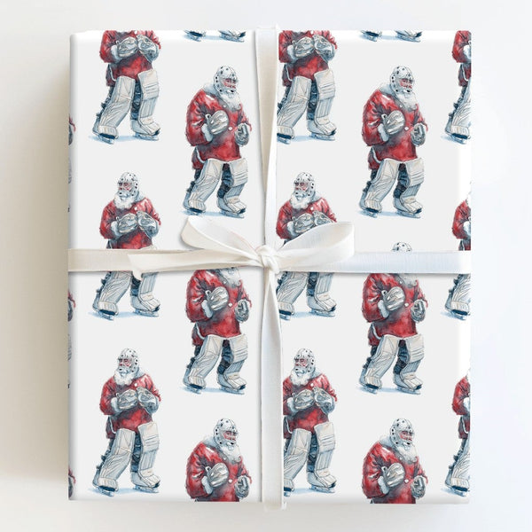 Festive Christmas Sports Gift Wrap, Santa Hockey Goalie Wrapping Paper, Watercolor Ice Hockey Paper, Adorable Present Wrappin