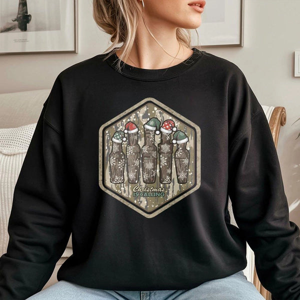 Holiday Waterfowl Hunting Crewneck, Christmas Camo Duck Call Sweatshirt, Retro Duck Hunter Christmas Sweater, Camouflage Seas