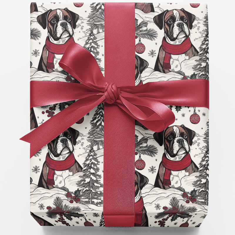 Winter Toile Dog Gift Wrap, Boxer Dog Christmas Wrapping Paper, Retro Boxer Holiday Wrapping Paper, Dog Lover Xmas Present Wrap Roll