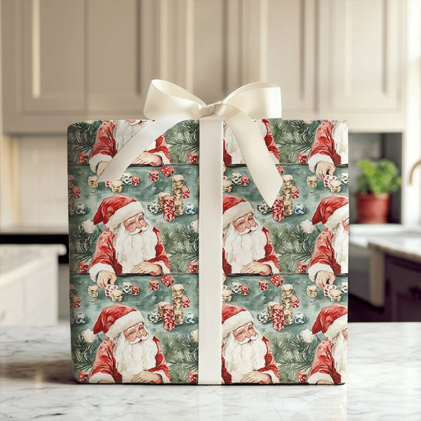 Casino Holiday Gift Wrap, Santa Playing Poker Wrapping Paper, Humorous Christmas Wrapping Paper, Card Player Gift Wrap Roll, 