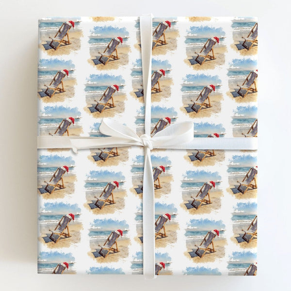 Beach Chair Santa Hat Gift Wrap, Tropical Christmas Wrapping Paper, Coastal Holiday Wrapping Paper, Ocean Seaside Festive Pre