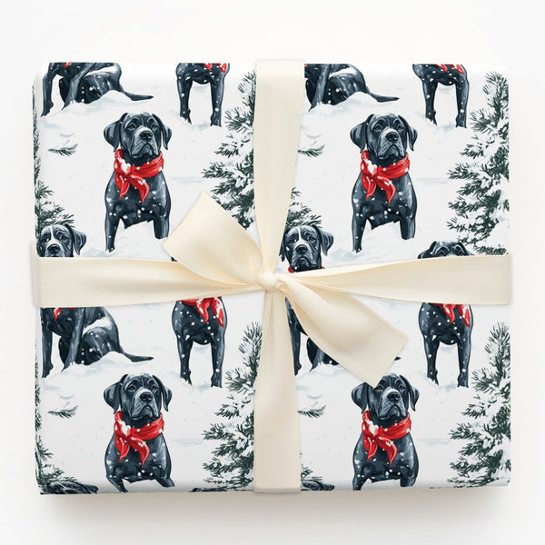 Black Dog in Red Scarf Gift Wrap, Cane Corso Christmas Wrapping Paper, Holiday Dog Lover Wrapping Paper Roll, Winter Pet Pres