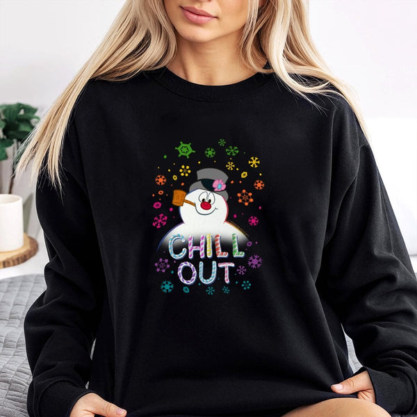 Colorful Snowflake Winter Crewneck, Chill Out Snowman Sweatshirt, Humorous Christmas Holiday Pullover, Adorable Comfy Snowman