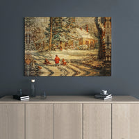 Children Sledding Cottage Art, Vintage Winter Scene Canvas Print, Nostalgic Snowy Landscape Wall Decor, Christmas Holiday Home Present