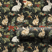 Rustic Winter Rabbit Gift Wrap, Woodland Bunny Christmas Wrapping Paper, Holiday Pine Berry Wrapping Paper, Comfy Woodland Animal Gift Wrap
