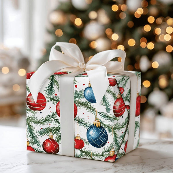 Watercolor Pine Christmas Gift Wrap, Red and Blue Ornament Wrapping Paper, Festive Bauble Wrapping Paper, Holiday Present Wra