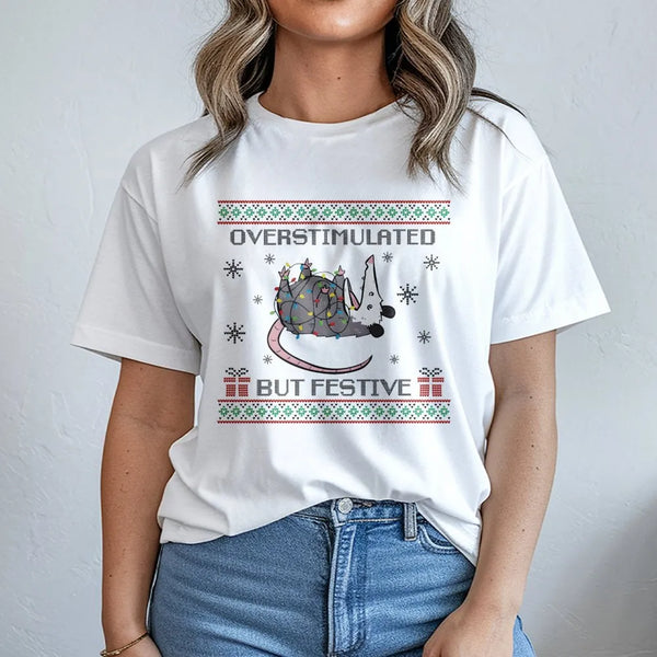 Humorous Christmas Holiday Possum Shirt, Overstimulated but Festive Possum T-Shirt, Retro Possum Graphic Tee, Animal Meme Lov