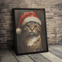 Tabby Cat in Santa Hat Print, Christmas Cat Wall Art, Festive Holiday Pet Canvas Art, Comfy Winter Wall Decor, Cat Lover Digital Download
