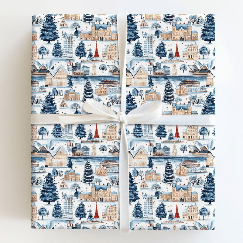 World Landmarks Holiday Gift Wrap, Winter Cityscape Wrapping Paper, Eiffel Tower Opera House Gift Wrap, Christmas Present Paper, Travel Present