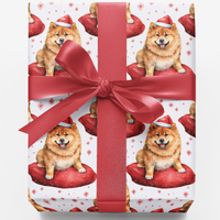 Long-Haired Dog Santa Hat Gift Wrap, Shiba Inu Christmas Wrapping Paper, Holiday Present Paper, Adorable Pet Christmas Paper
