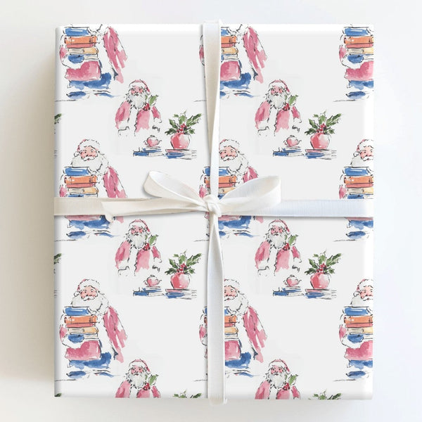Comfy Reading Christmas Gift Wrap, Book Lover Santa Wrapping Paper, Watercolor Bookish Holiday Wrapping Paper, Reader Teacher