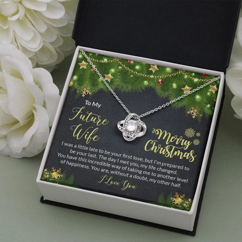 Fiance Christmas Present Pendant, Future Wife Love Knot Necklace, 14k White Gold Over Steel Necklace, Romantic Holiday Jewelry for Her