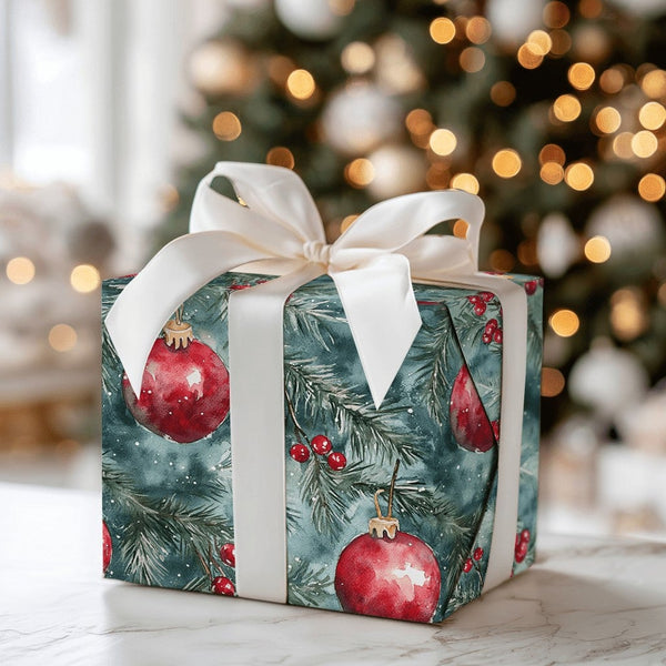 Pine Branch Christmas Gift Wrap, Watercolor Red Ornament Wrapping Paper, Holly Berry Wrapping Paper, Snowy Winter Holiday Wra