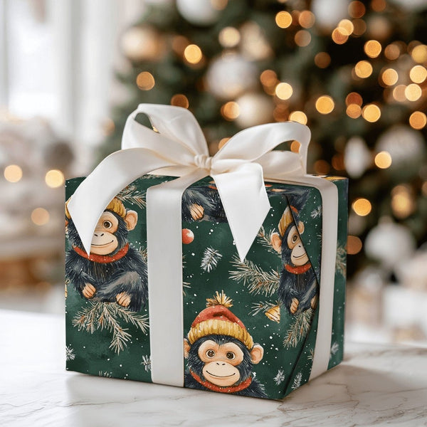 Winter Animal Holiday Wrapping Paper, Watercolor Christmas Monkey Wrapping Paper, Pine Tree Monkey Gift Wrap, Xmas Gift Wrapp