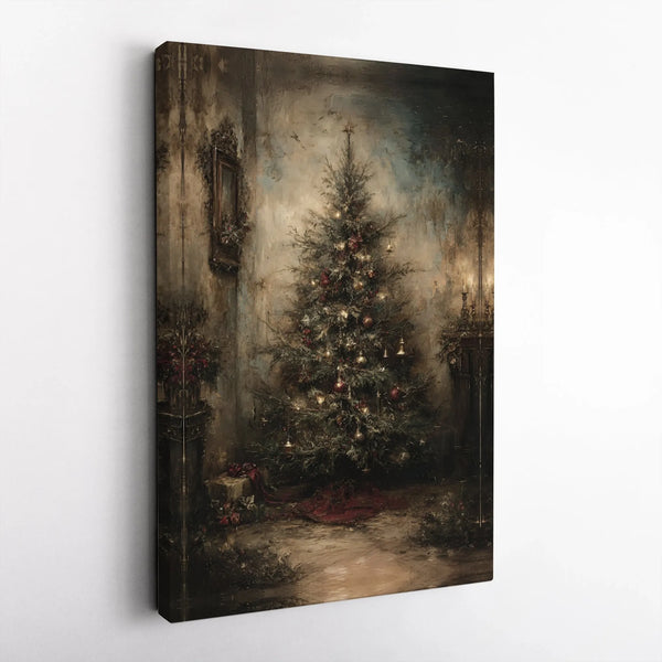 Moody Oil Painting Holiday Print, Vintage Christmas Tree Canvas Wall Art, Traditional Rustic Christmas Wall Decor, Holiday Ho