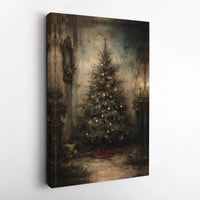 Moody Oil Painting Holiday Print, Vintage Christmas Tree Canvas Wall Art, Traditional Rustic Christmas Wall Decor, Holiday Home Present