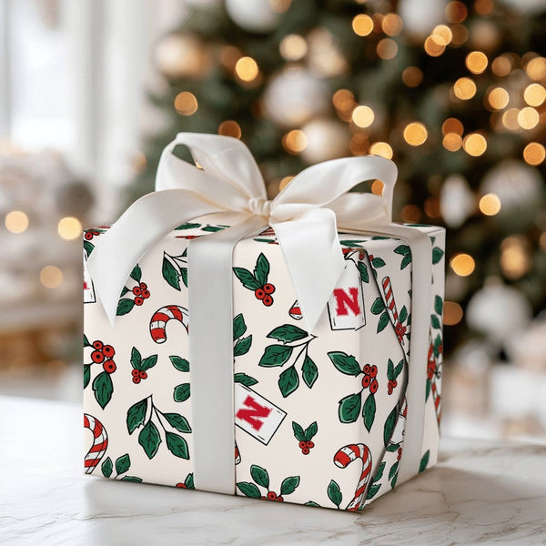 Candy Cane Holly Gift Wrap, Initial N Christmas Wrapping Paper, Letter N Holiday Wrapping Paper, Festive Monogram Gift Wrappi