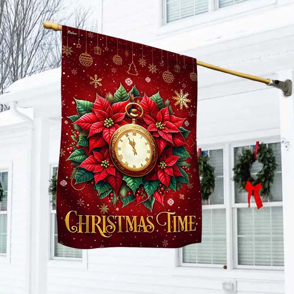 Poinsettia Clock Christmas Flag, Most Wonderful Time of the Year Garden Flag, Double Sided Holiday Garden Flag, Festive Lawn 