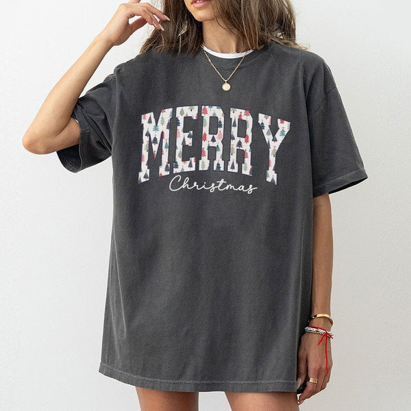 Varsity Holiday Tree Pattern Shirt, Merry Christmas T-Shirt, Festive Christmas Graphic T-Shirt, Adorable Xmas Tee, Holiday Se