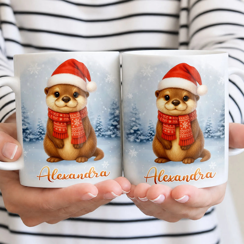 Personalized Holiday Animal Coffee Mug, Christmas Otter Mug, Festive Winter Otter Ceramic Mug, 11oz 15oz Seasonal Xmas Present