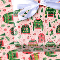 Festive Pattern Holiday Gift Wrap, Ugly Christmas Sweater Wrapping Paper, Retro Xmas Stocking Wrapping Paper, Holiday Decor