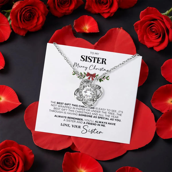 Merry Christmas Sister Jewelry, Sister Love Knot Necklace, Cubic Zirconia Pendant Necklace, Holiday Keepsake Present from Sis