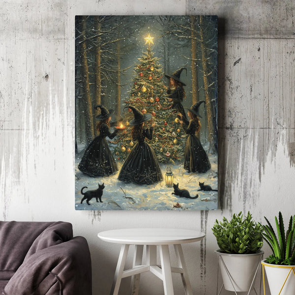 Snowy Forest Gothic Art Canvas, Witches Decorating Christmas Tree Canvas, Witchy Christmas Canvas Print, Dark Cottagecore Hol