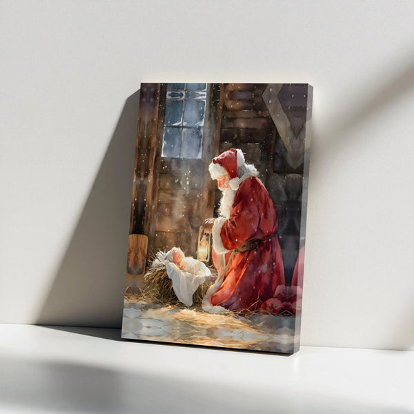Baby Jesus Manger Scene Canvas, Santa Kneeling at Nativity Canvas Art, Religious Christmas Wall Art, Christian Holiday Canvas