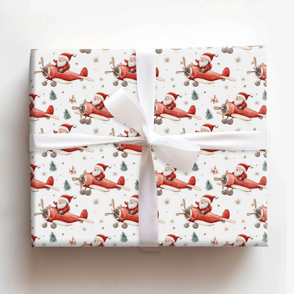 Watercolor Aviation Christmas Gift Wrap, Santa Flying Airplane Wrapping Paper, Vintage Red Plane Wrapping Paper, Pilot Holida