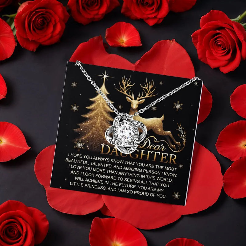 Christmas Reindeer Love Knot Pendant, Daughter Love Knot Necklace, Holiday Love Knot Jewelry with Rose Box, Heartfelt Present for Daughter