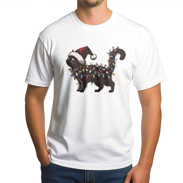 Santa Hat String Lights Cat Shirt, Black Cat Christmas T-Shirt, Adorable Kitty Holiday Graphic Tee, Festive Cat Lover Shirt, 
