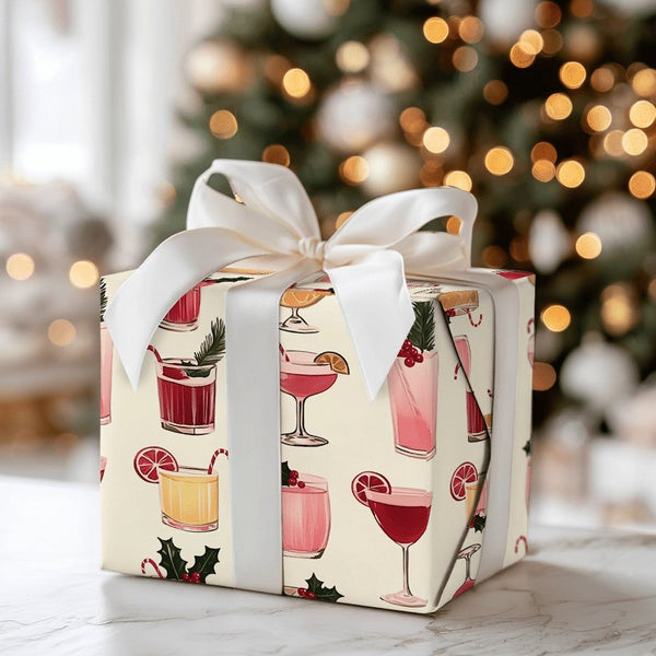 Holiday Drink Pattern Gift Wrap, Christmas Cocktail Wrapping Paper, Illustrated Seasonal Drinks Wrapping Paper, Cream Festive